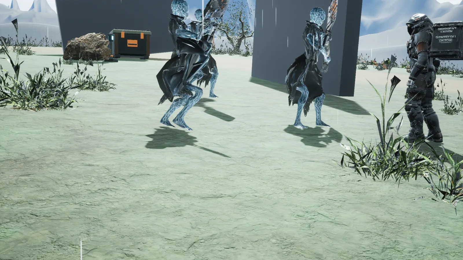 Two Ashen warriors with heavy blades close in on an explorer at their camp