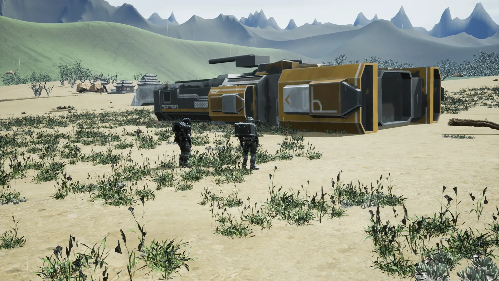 Two explorers approach the 32-meter battleship on the coastal flat