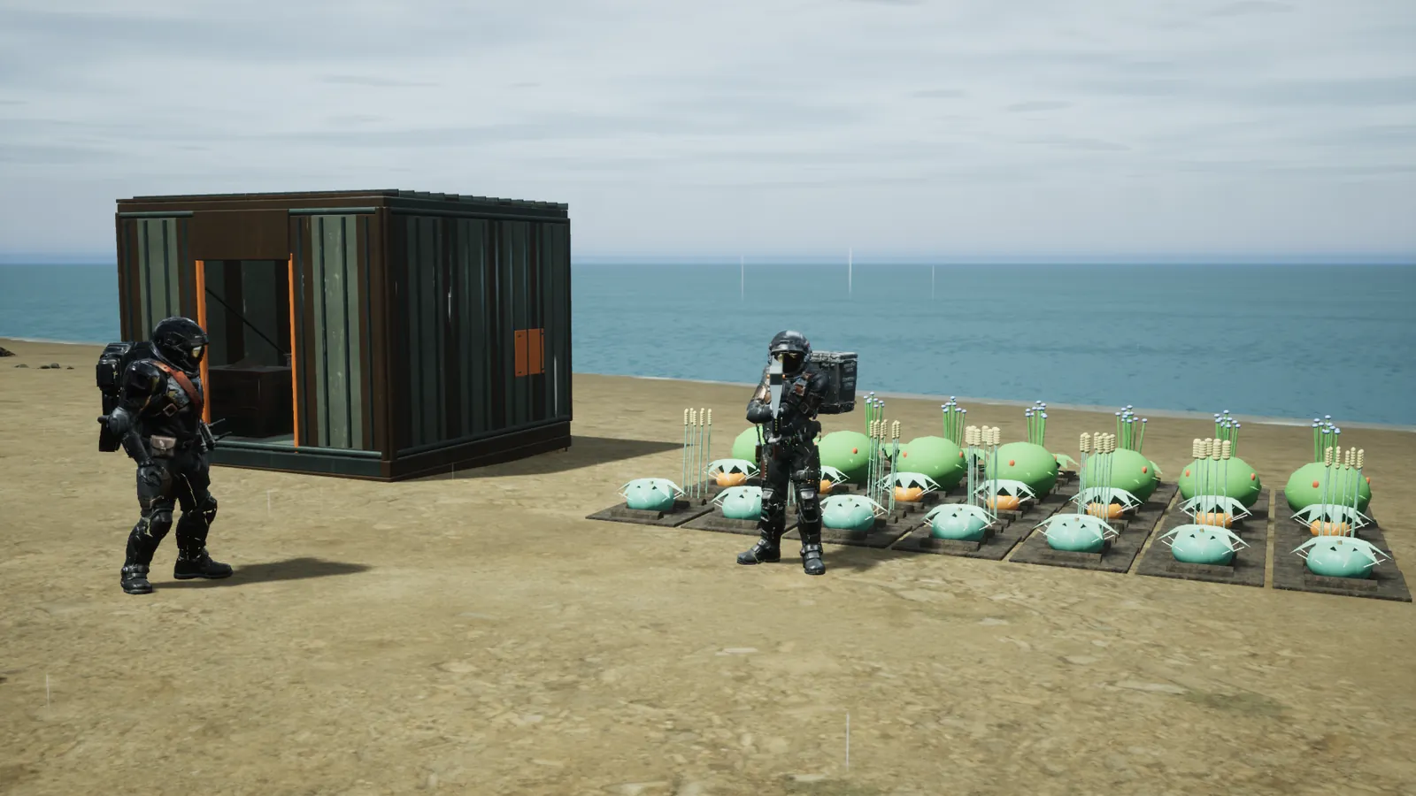 Two explorers beside a newly built shelter and rows of ripe crops above the beach