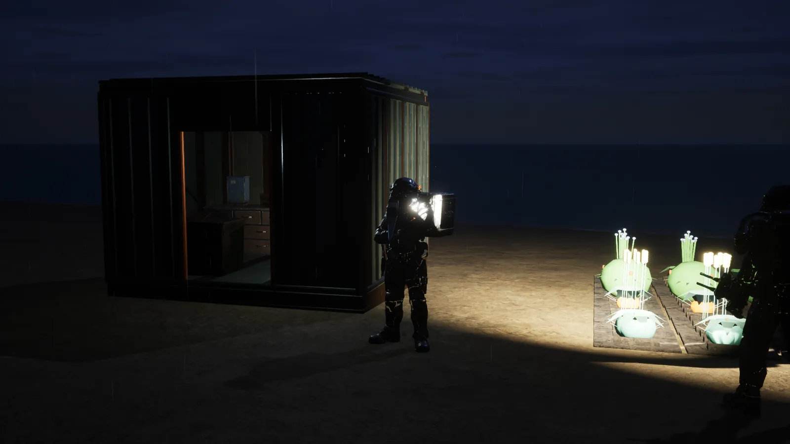 At night, a helmet lamp lights the crops while the workbench shows through the shelter door