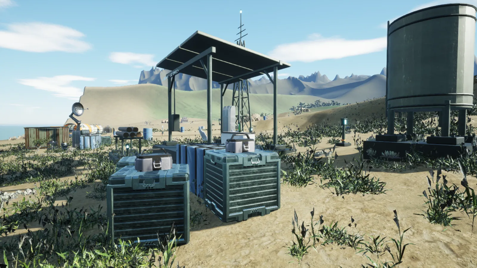 A field station with solar panels, water tank and supply crates