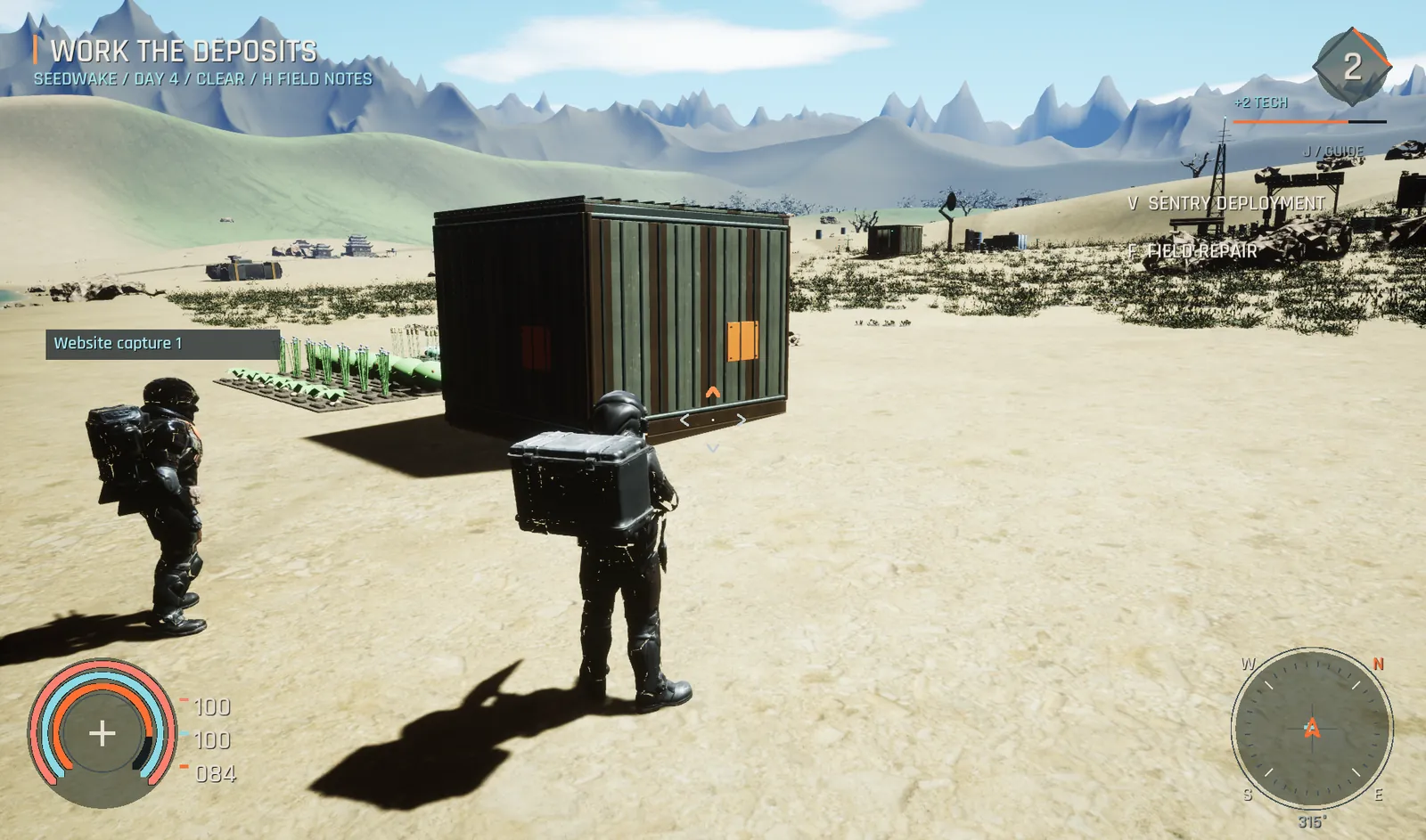 Third-person view behind an explorer at the camp with the HUD showing objectives, gauges and compass