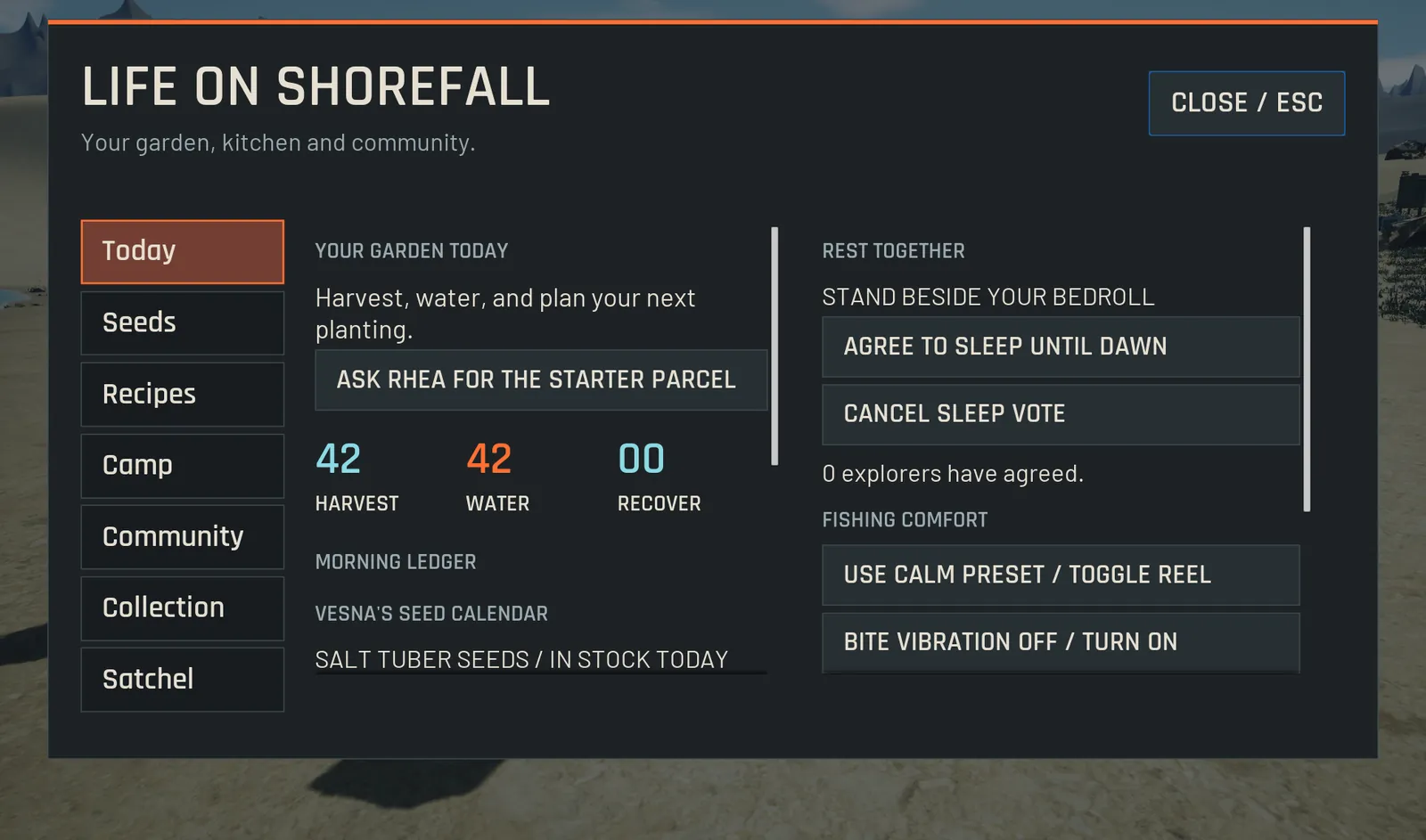 The Life on Shorefall menu open to Today, with harvest, water and sleep options