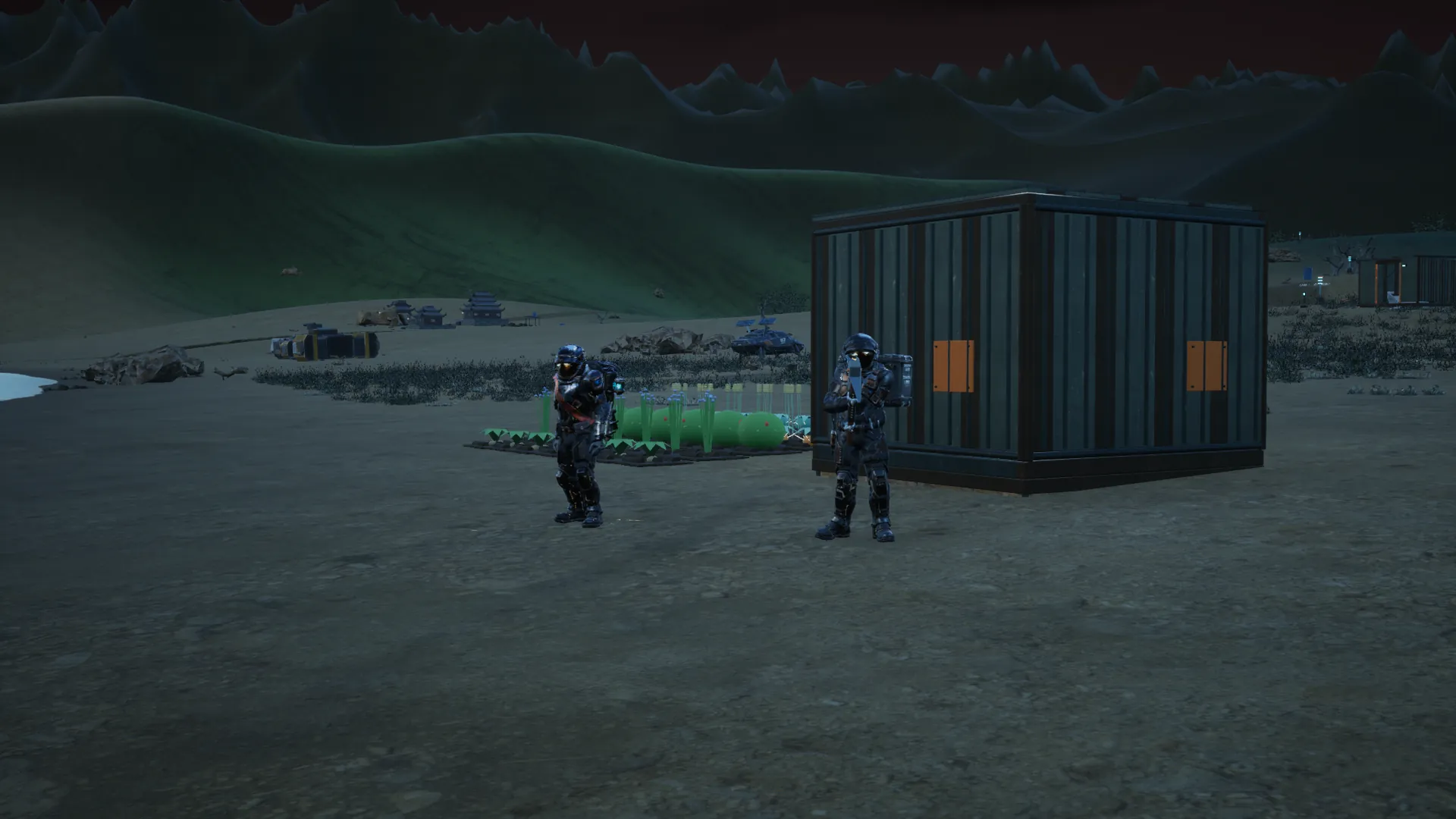 Two explorers by the shelter and crops in the dim light before dawn