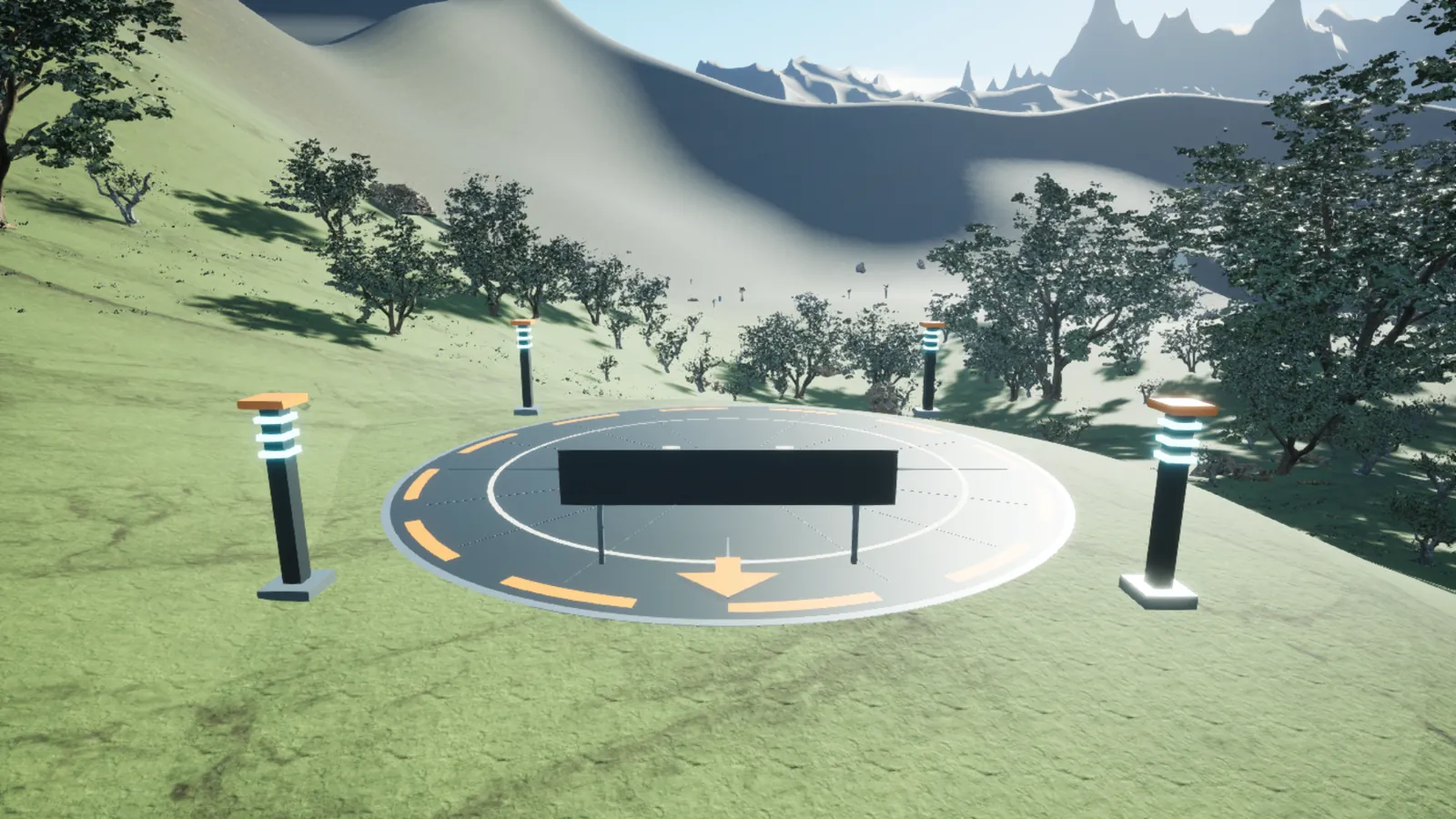 A departure pad ringed with lit pylons on a grassy slope