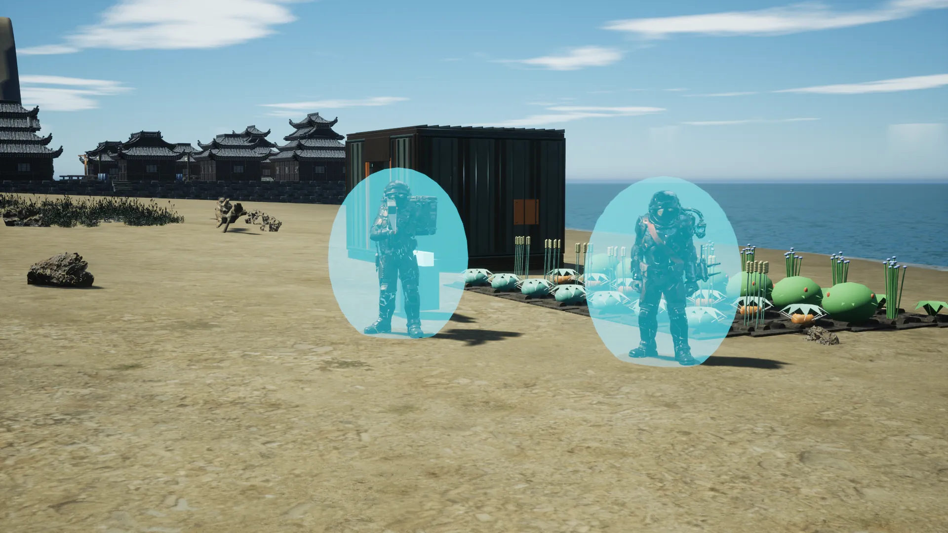 An Engineer and a Medic stand inside the Medic's cyan shields, with the Engineer's sentry beside them