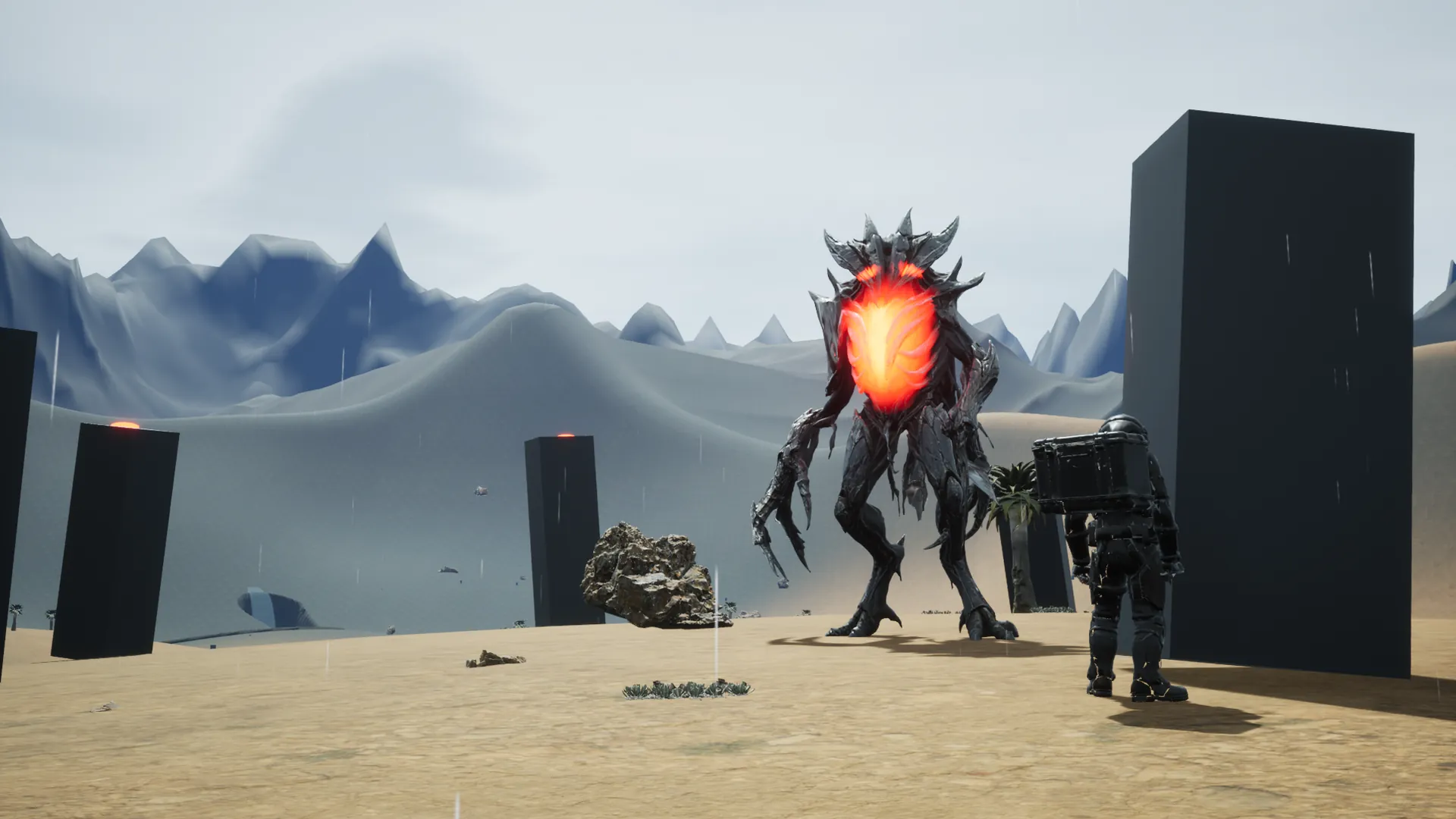 The Crimson Sovereign, its chest core glowing, faces an explorer among the sanctum pillars