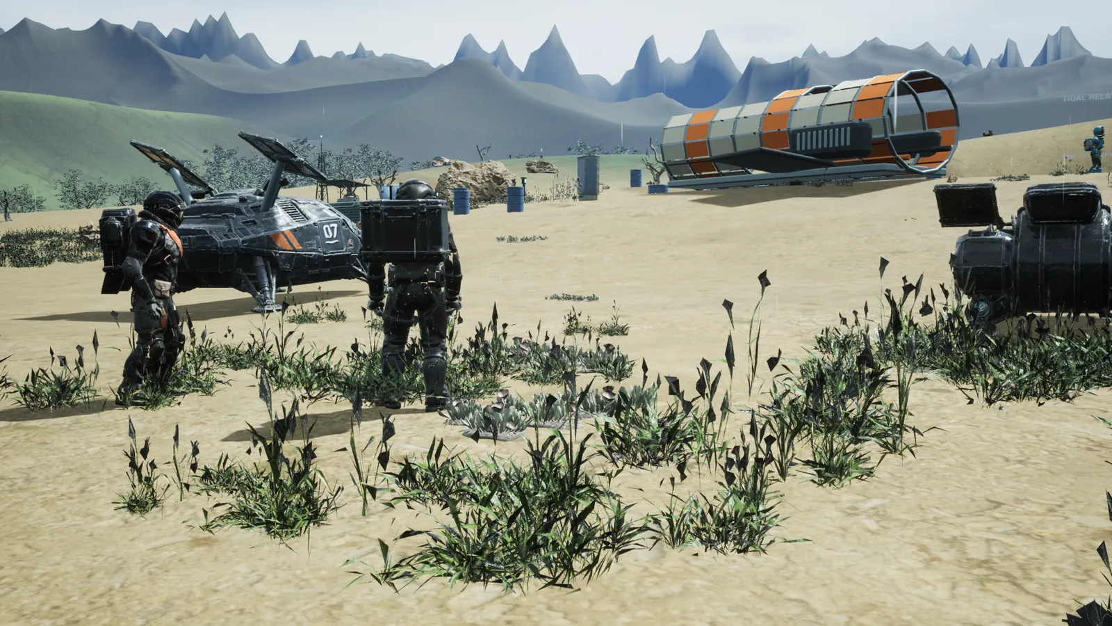 Two explorers walk out past the lander and the rover in daylight